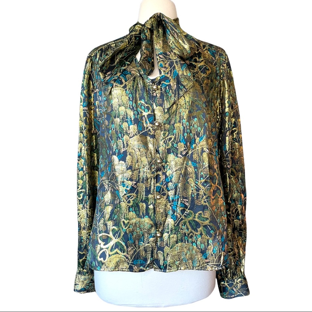 Milly New York gold blue green silk top 12 button down peacock floral brocade